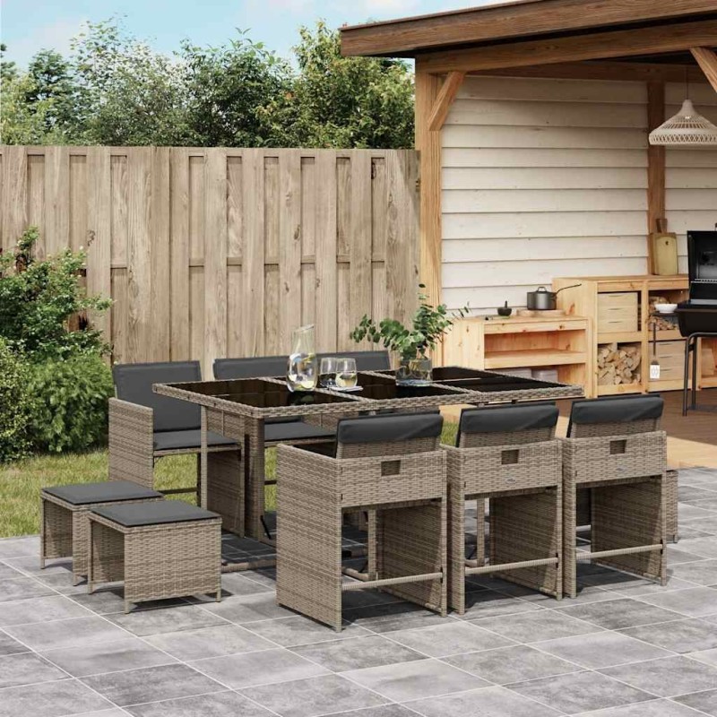 Ensemble à manger de jardin 11pcs avec coussins gris poly rotin 509752509752