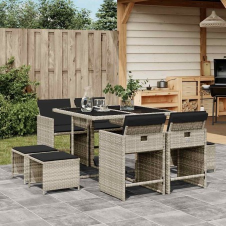 Ensemble à manger de jardin et coussins 9 pcs gris clair rotin 509753509753