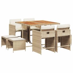 Ensemble à manger de jardin et coussins 9 pcs beige Poly rotin 509756509756