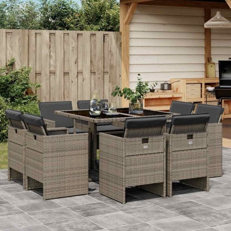 Ensemble à manger de jardin 9 pcs coussins gris résine tressée 509780509780