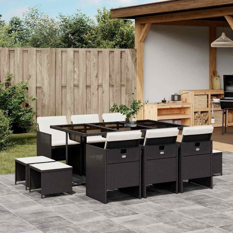 Ensemble à manger de jardin 11 pcs coussins noir résine tressée 509781509781