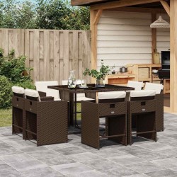 Ensemble à manger de jardin et coussins 9 pcs marron poly rotin 509784509784