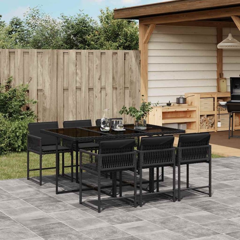 Ensemble à manger de jardin coussins 7pcs Noir Résine tressée 509787509787
