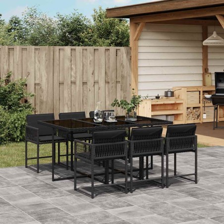 Ensemble à manger de jardin coussins 7pcs Noir Résine tressée 509787509787