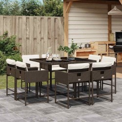 Ensemble à manger de jardin et coussins 9 pcs marron poly rotin 509794509794