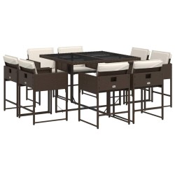 Ensemble à manger de jardin et coussins 9 pcs marron poly rotin 509794509794