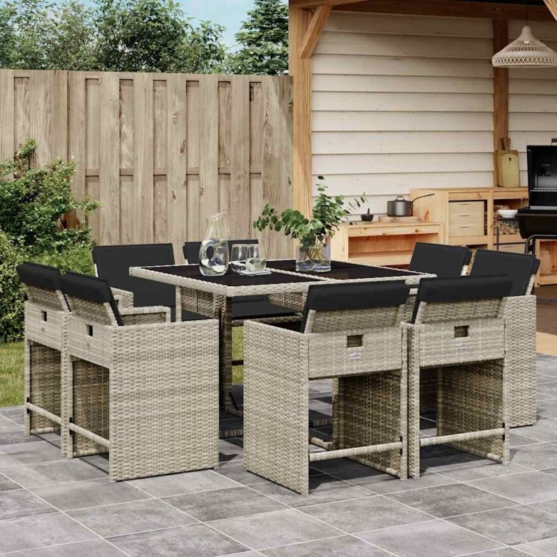 Ensemble à manger de jardin et coussins 9 pcs gris clair rotin 509798509798
