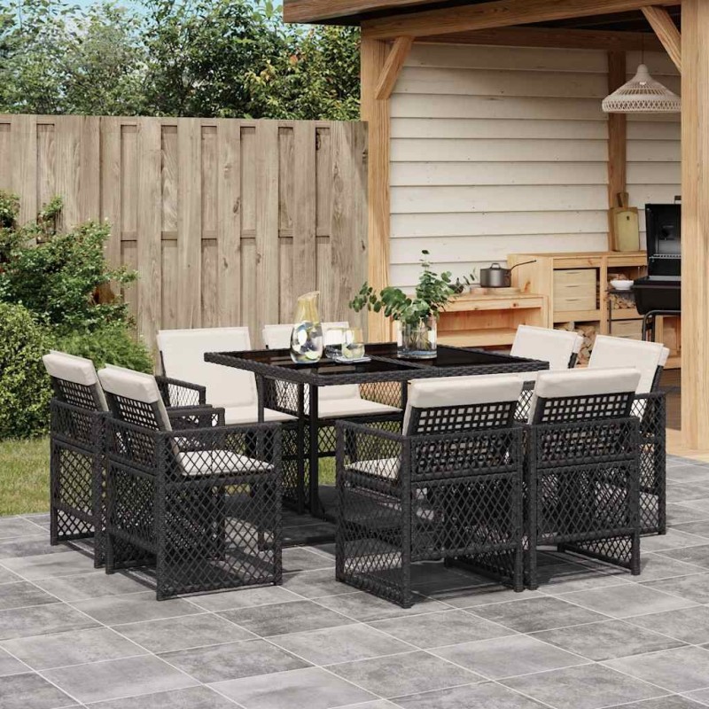 Ensemble à manger de jardin 9pcs coussins noir résine tressée 509802509802