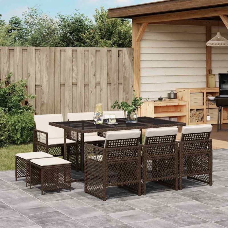 Ensemble à manger de jardin et coussins 11 pcs marron rotin 509804509804