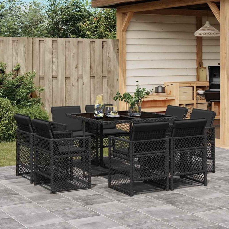 Ensemble à manger de jardin 9pcs coussins noir résine tressée 509805509805