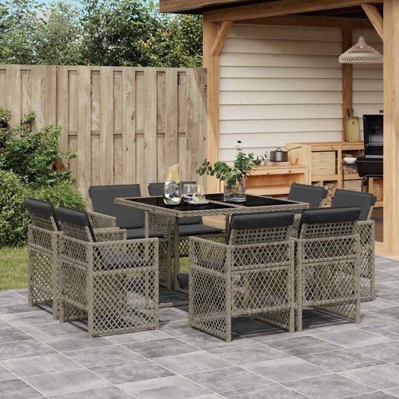 Ensemble à manger de jardin 9 pcs coussins gris résine tressée 509807509807