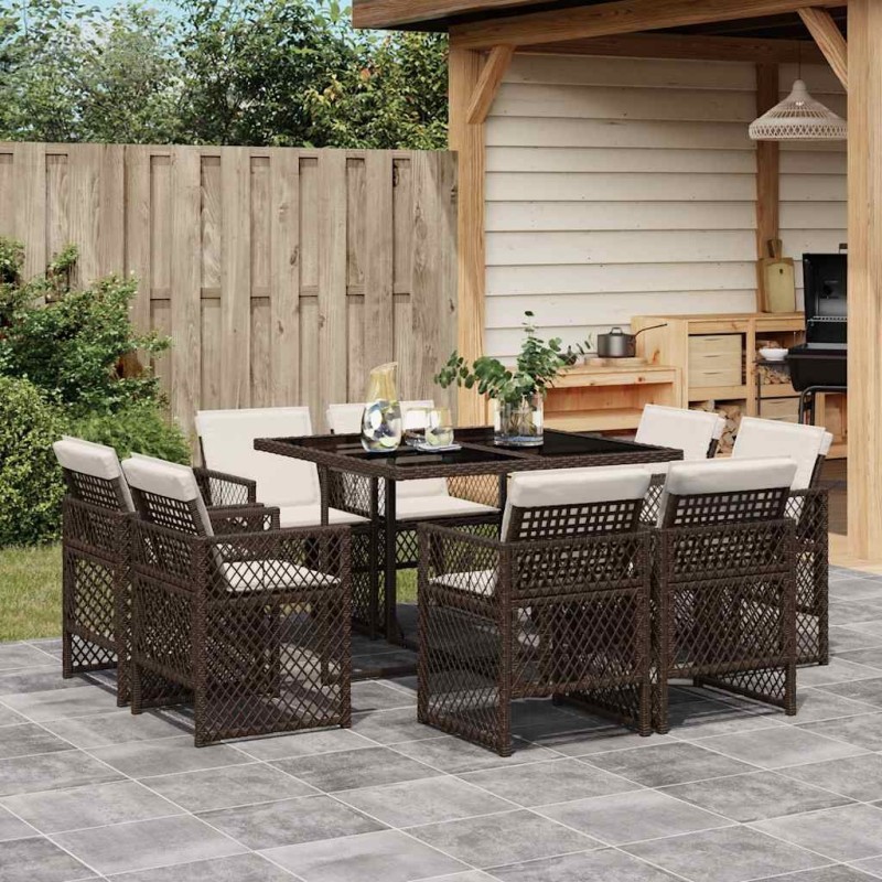 Ensemble à manger de jardin et coussins 9 pcs marron poly rotin 509808509808