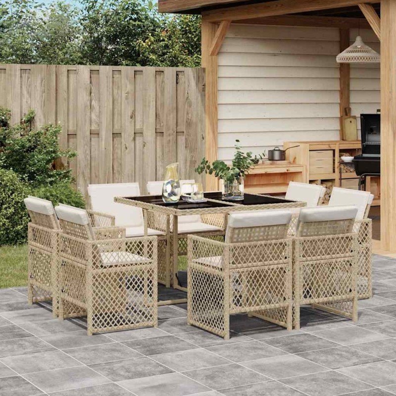Ensemble à manger de jardin et coussins 9 pcs beige Poly rotin 509809509809