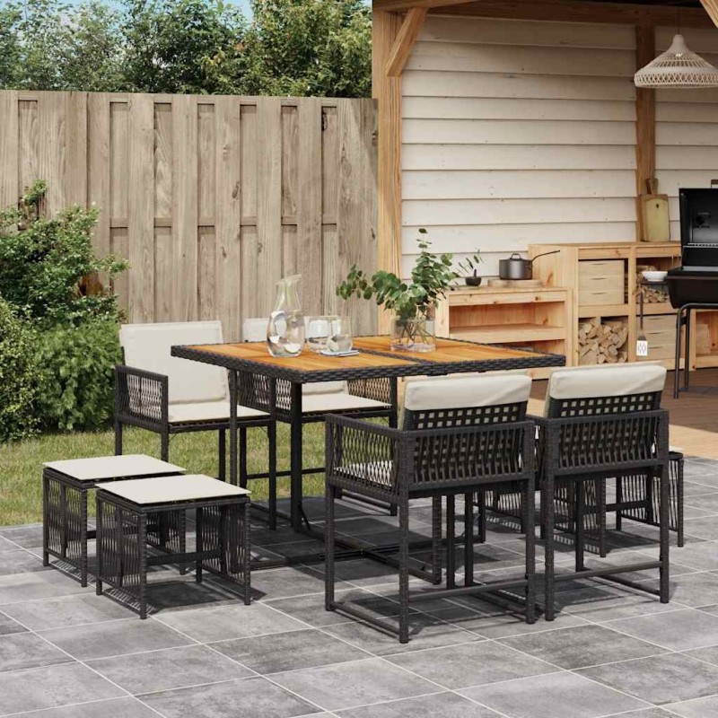 Ensemble à manger de jardin 9pcs coussins noir résine tressée 509816509816