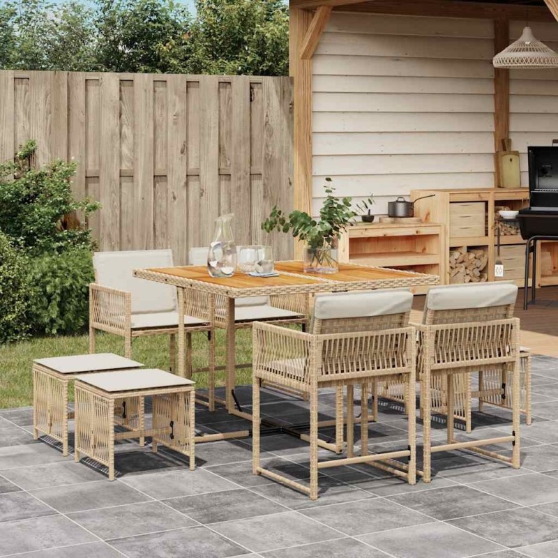 Ensemble à manger de jardin et coussins 9 pcs beige Poly rotin 509824509824