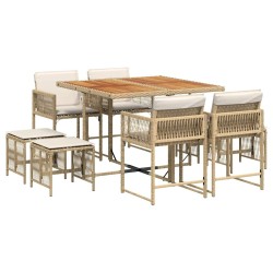 Ensemble à manger de jardin et coussins 9 pcs beige Poly rotin 509824509824