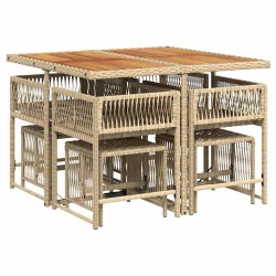 Ensemble à manger de jardin et coussins 9 pcs beige Poly rotin 509824509824