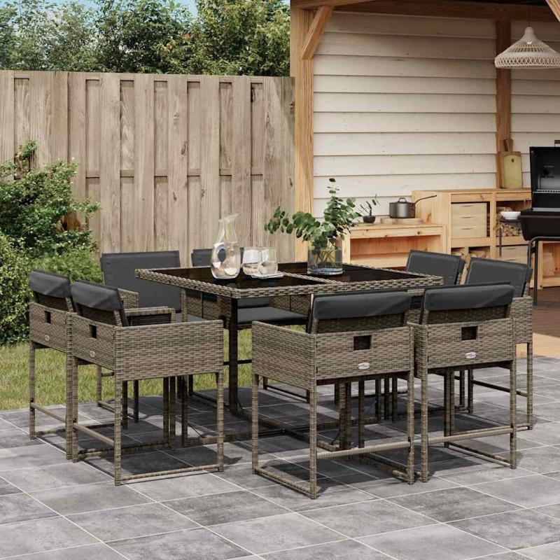 Ensemble à manger de jardin 9 pcs coussins gris résine tressée 509827509827