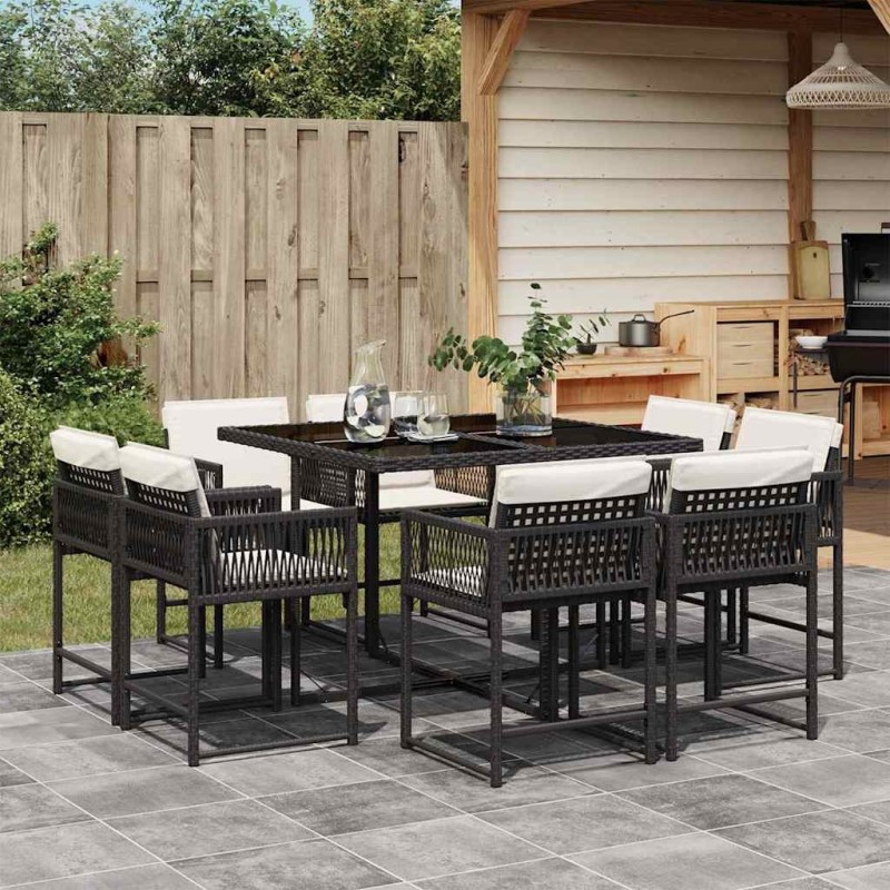 Ensemble à manger de jardin 9pcs coussins noir résine tressée 509833509833
