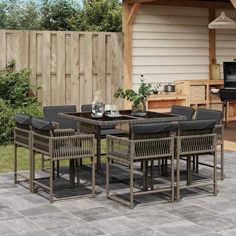 Ensemble à manger de jardin 9 pcs coussins gris résine tressée 509835509835