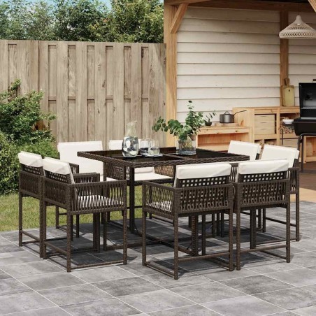 Ensemble à manger de jardin et coussins 9 pcs marron poly rotin 509836509836