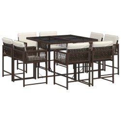 Ensemble à manger de jardin et coussins 9 pcs marron poly rotin 509836509836