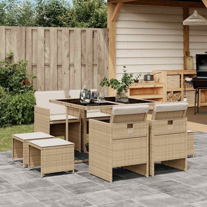 Ensemble à manger de jardin et coussins 9 pcs beige Poly rotin 509845509845