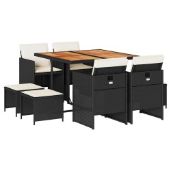 Ensemble à manger de jardin 9pcs coussins noir résine tressée 509854509854