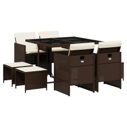 Ensemble à manger de jardin et coussins 9 pcs marron poly rotin 509863509863