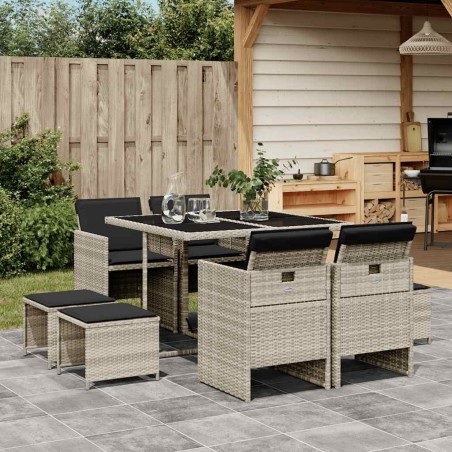 Ensemble à manger de jardin et coussins 9 pcs gris clair rotin 509864509864