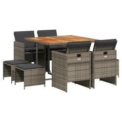 Ensemble à manger de jardin 9 pcs coussins gris résine tressée 509880509880