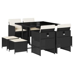 Ensemble à manger jardin 9pcs et coussins noir résine tressée 509882509882