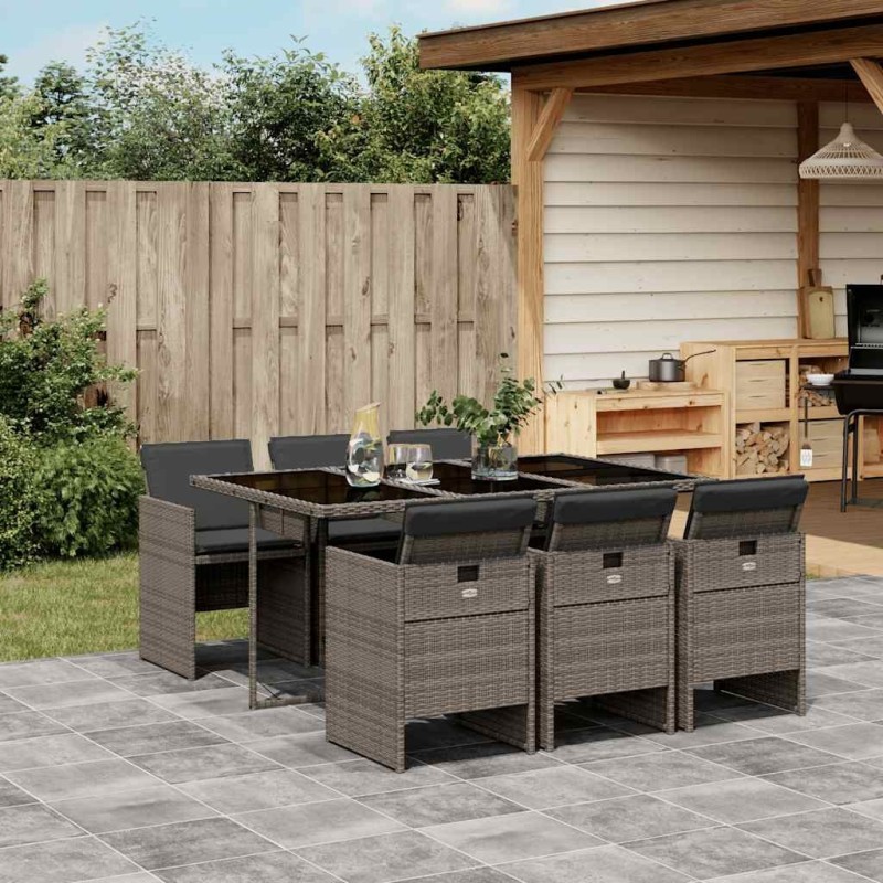 Ensemble à manger de jardin et coussins 7 pcs gris rotin 509889509889