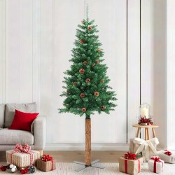 Sapin de Noël mince avec bois véritable et cônes vert 210cm PVC 509914509914