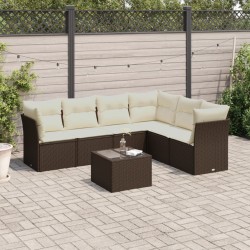 Salon de jardin avec coussins 7 pcs marron résine tressée 509985509985