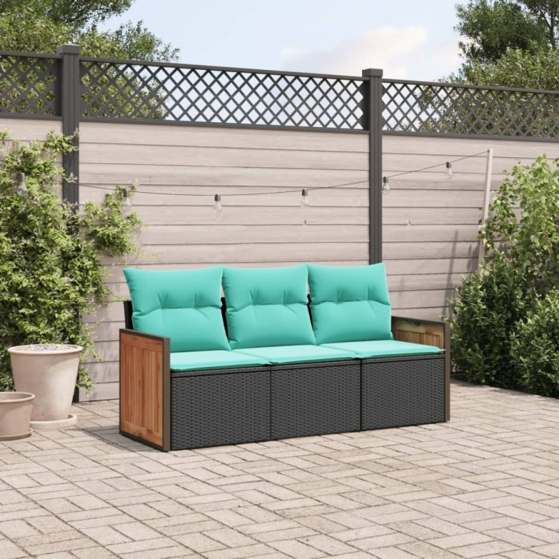 Salon de jardin 3 pcs avec coussins noir résine tressée 510218510218