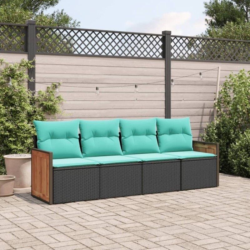 Salon de jardin 4 pcs avec coussins noir résine tressée 510219510219