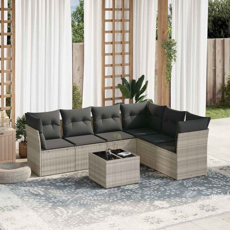 Salon de jardin avec coussins 7 pcs gris clair résine tressée 510393510393