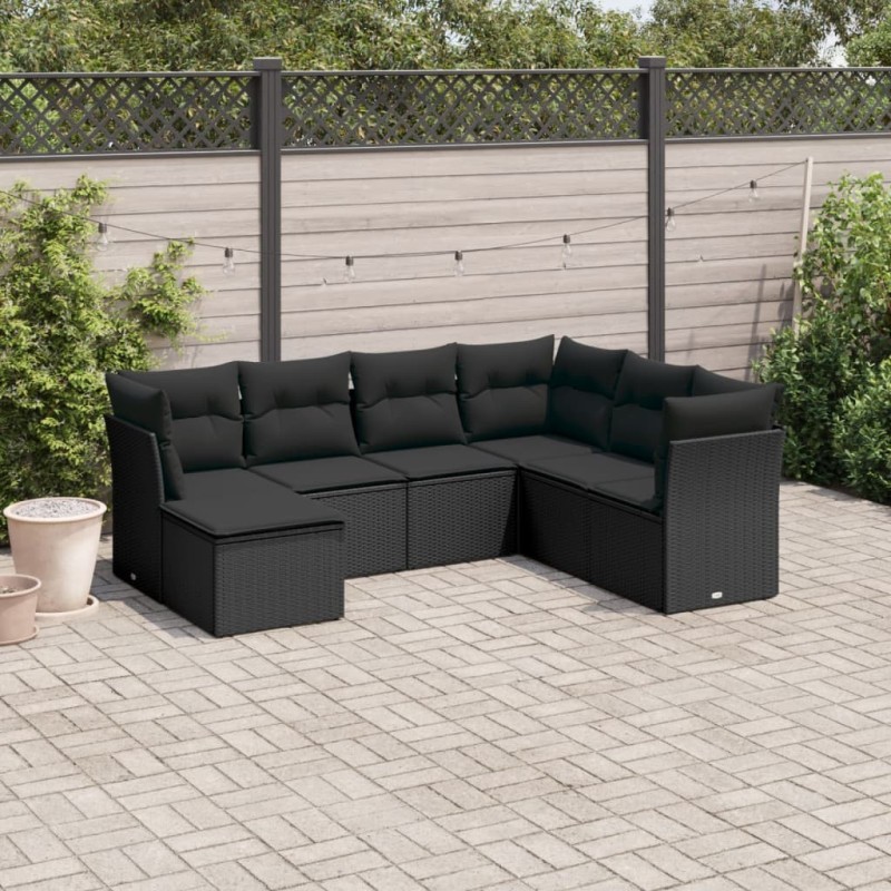 Salon de jardin 7 pcs avec coussins noir résine tressée 510410510410