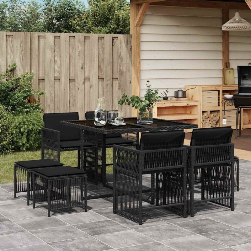 Ensemble à manger de jardin 9pcs coussins noir résine tressée 510610510610