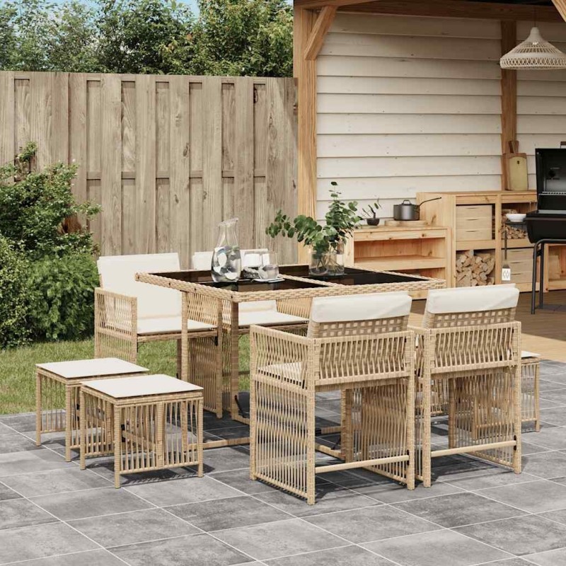 Ensemble à manger de jardin et coussins 9 pcs beige Poly rotin 510616510616