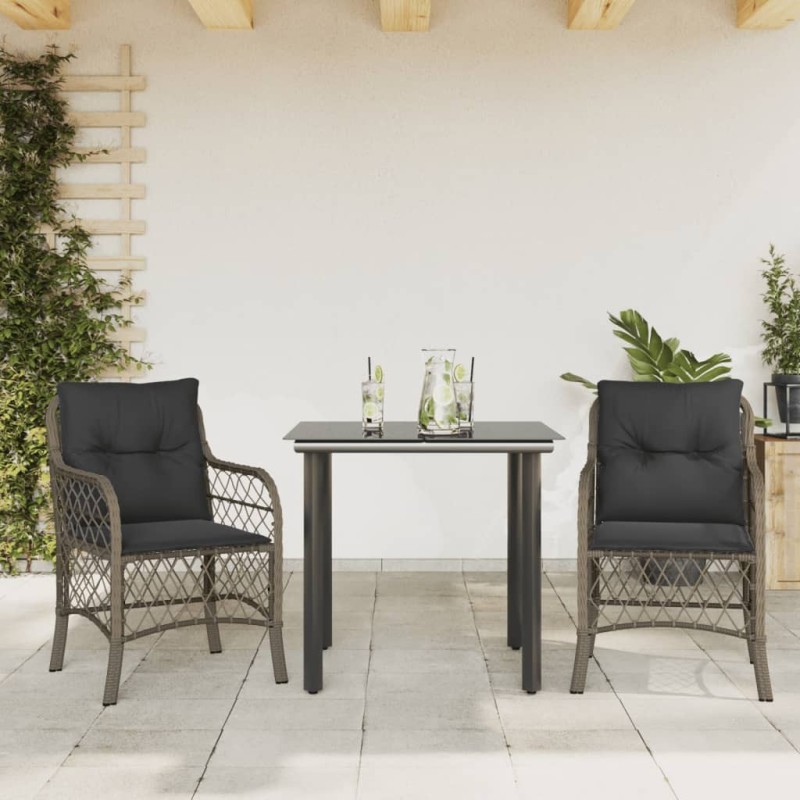 Ensemble de bistro 3 pcs avec coussins gris résine tressée 510710510710