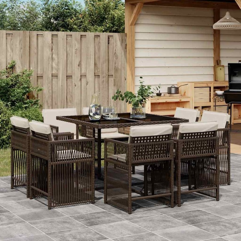 Ensemble à manger de jardin et coussins 9 pcs marron poly rotin 510742510742