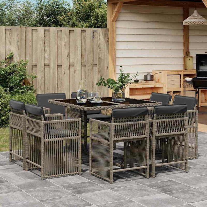 Ensemble à manger de jardin 9 pcs coussins gris résine tressée 510757510757