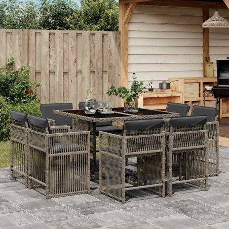 Ensemble à manger de jardin 9 pcs coussins gris résine tressée 510757510757