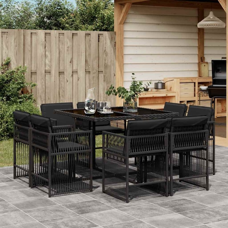 Ensemble à manger de jardin 9pcs coussins noir résine tressée 510762510762