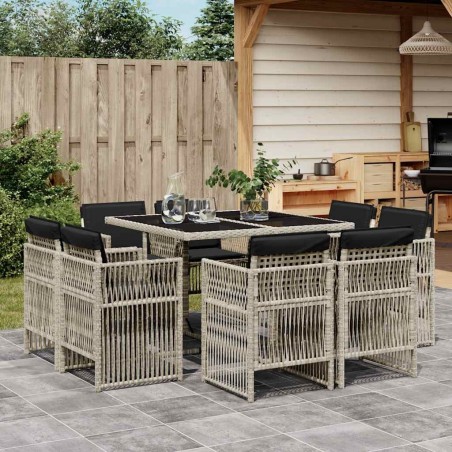 Ensemble à manger de jardin et coussins 9 pcs gris clair rotin 510908510908