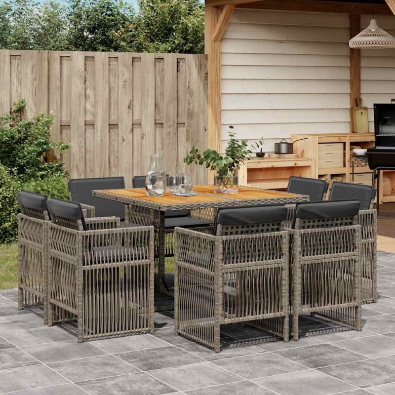 Ensemble à manger de jardin 9 pcs coussins gris résine tressée 510909510909