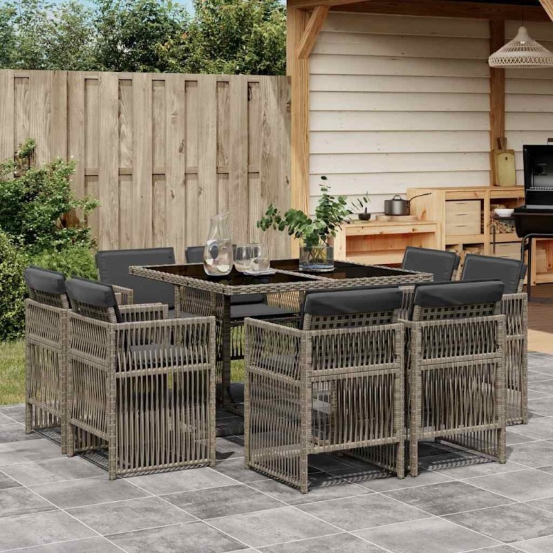 Ensemble à manger de jardin 9 pcs coussins gris résine tressée 510911510911