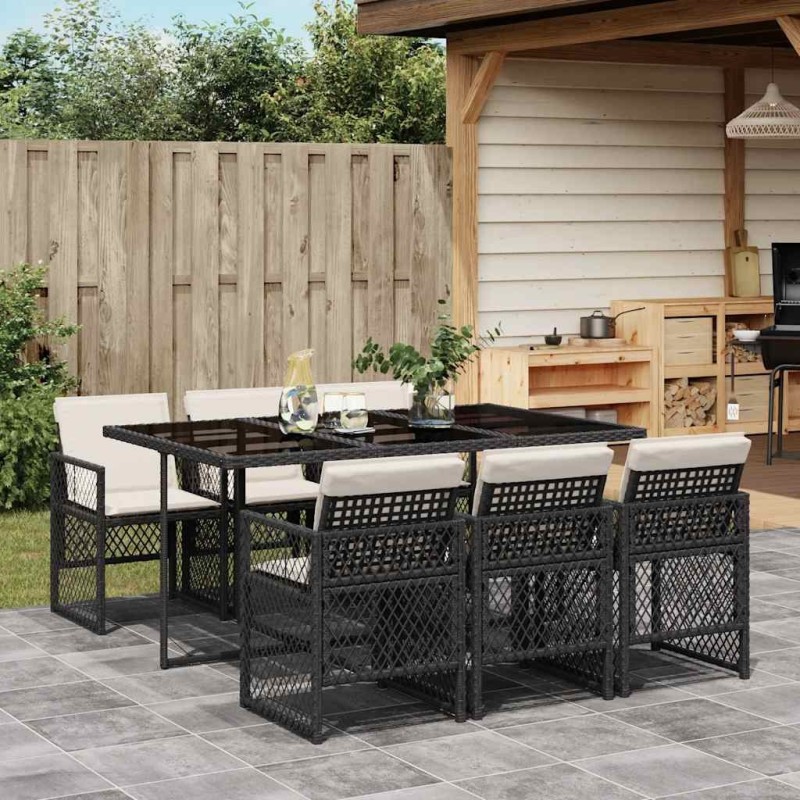 Ensemble à manger de jardin coussins 7 pcs noir résine tressée 510930510930